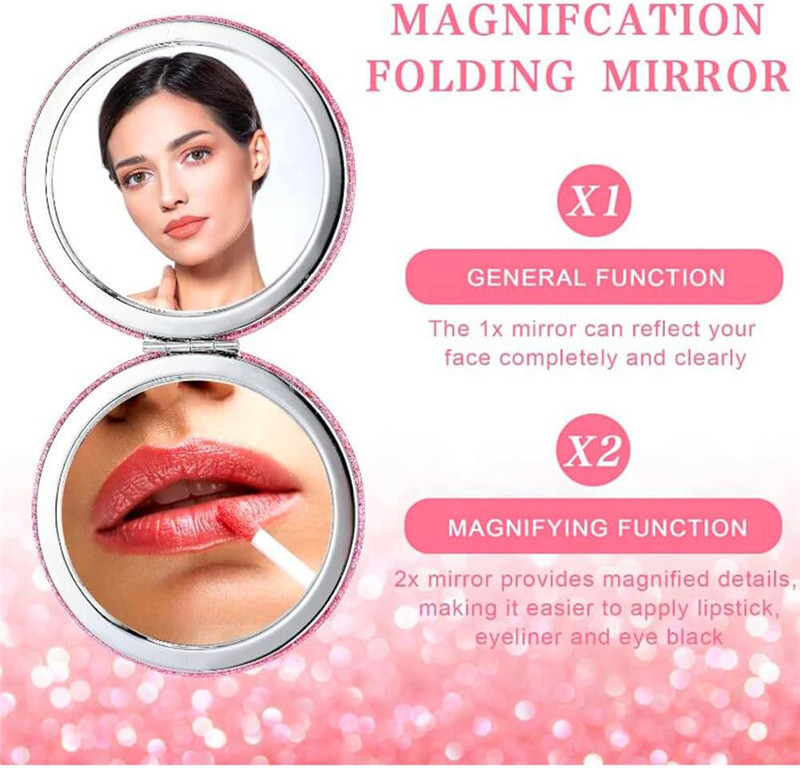 Cute Pink Compact Mirror for Women,Small Magnifying Travel Mirror with Glitter,Portable 2 x 1x Magnification Folding Pocket Makeup Mirror Cosmetic Mir