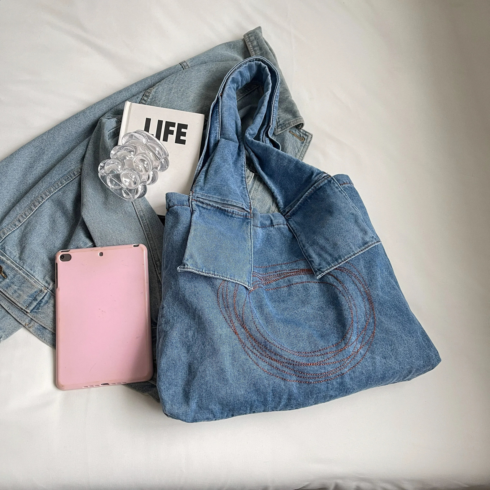 1 piece of high-capacity denim fabric summer casual single shoulder tote bag shopping bag 240903