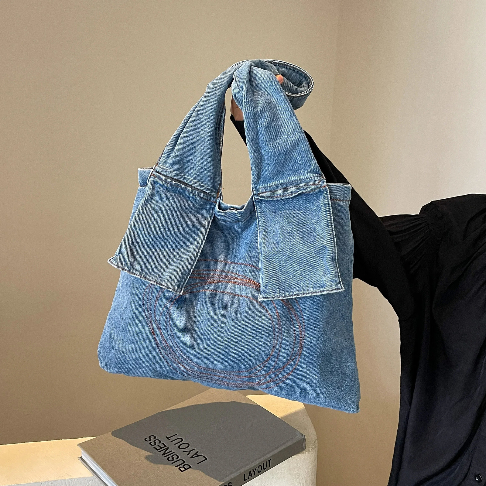 1 piece of high-capacity denim fabric summer casual single shoulder tote bag shopping bag 240903