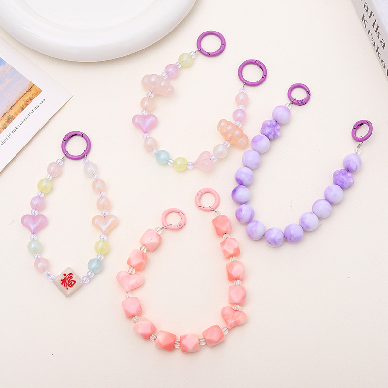 Yilian's new acrylic candy colored heart-shaped hand-held DIY jewelry accessories, handmade bead anti loss chain