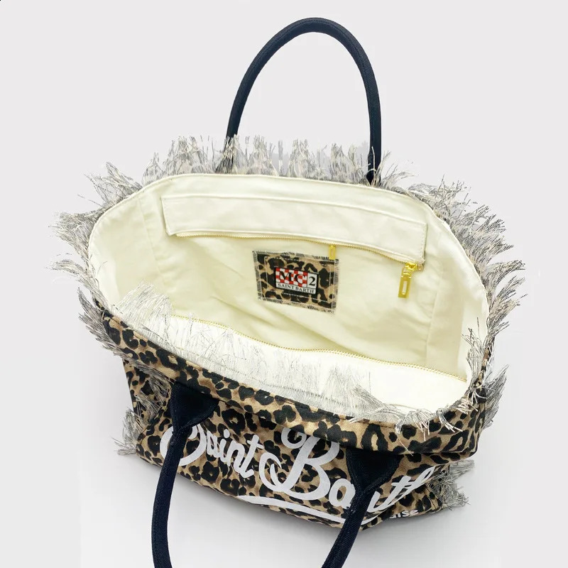 Leopard Pattern Large Capacity Canvas Tassel Handbag Womens Summer Zipper Shoulder Bag 240904