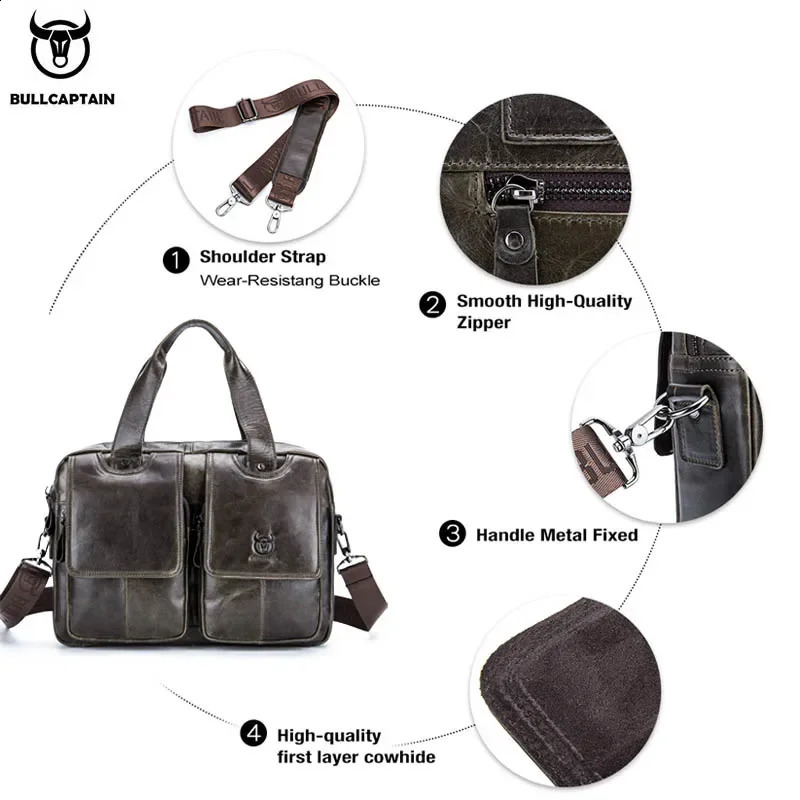 Bullcaptain mens genuine leather briefcase 14 inch laptop case casual shoulder messenger bag handbag work office 042 240906