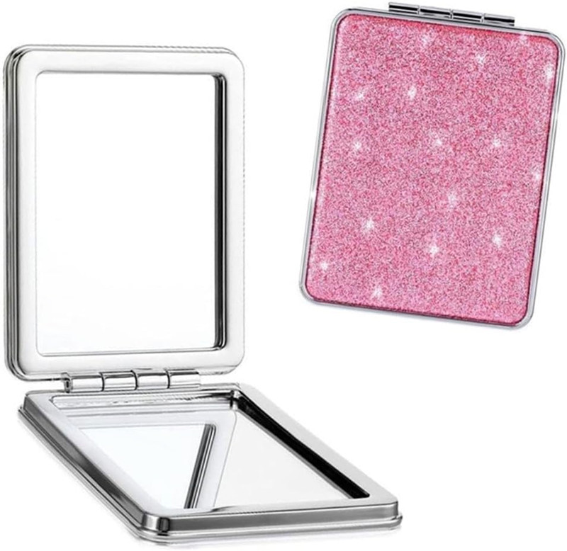 Cute Pink Compact Mirror for Women,Small Magnifying Travel Mirror with Glitter,Portable 2 x 1x Magnification Folding Pocket Makeup Mirror Cosmetic Mir