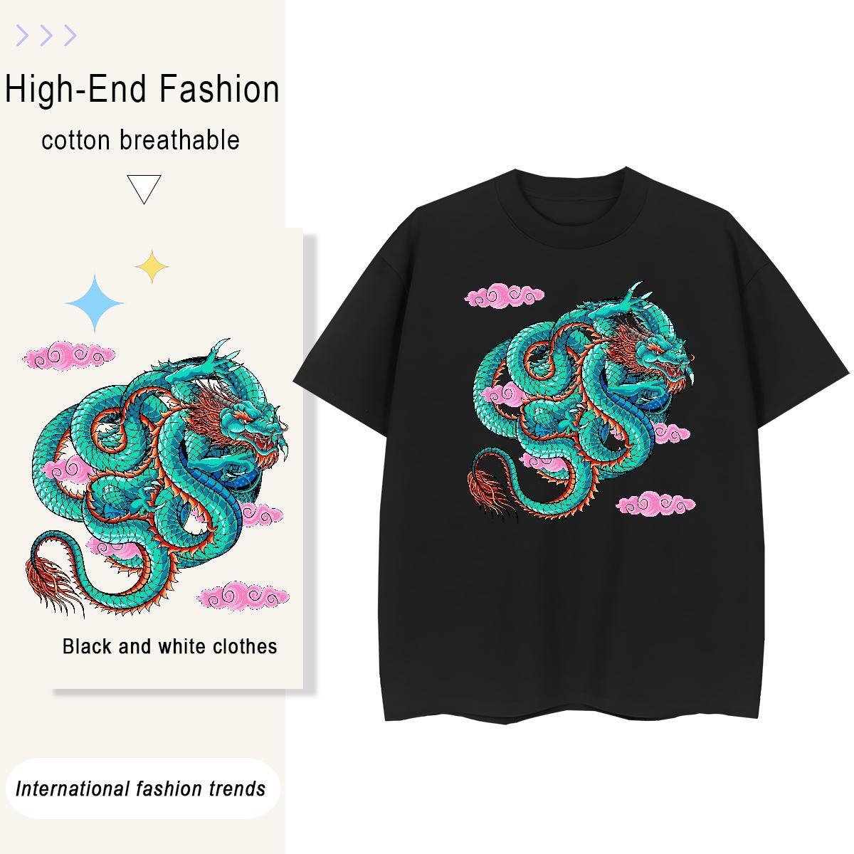 2024 Casual T Shirt For Woman 100% Cotton 230g O Neck Short Sleeves Street Wear dragon Unisex Tshirts Loose Custom Cartoon Tee Shirt