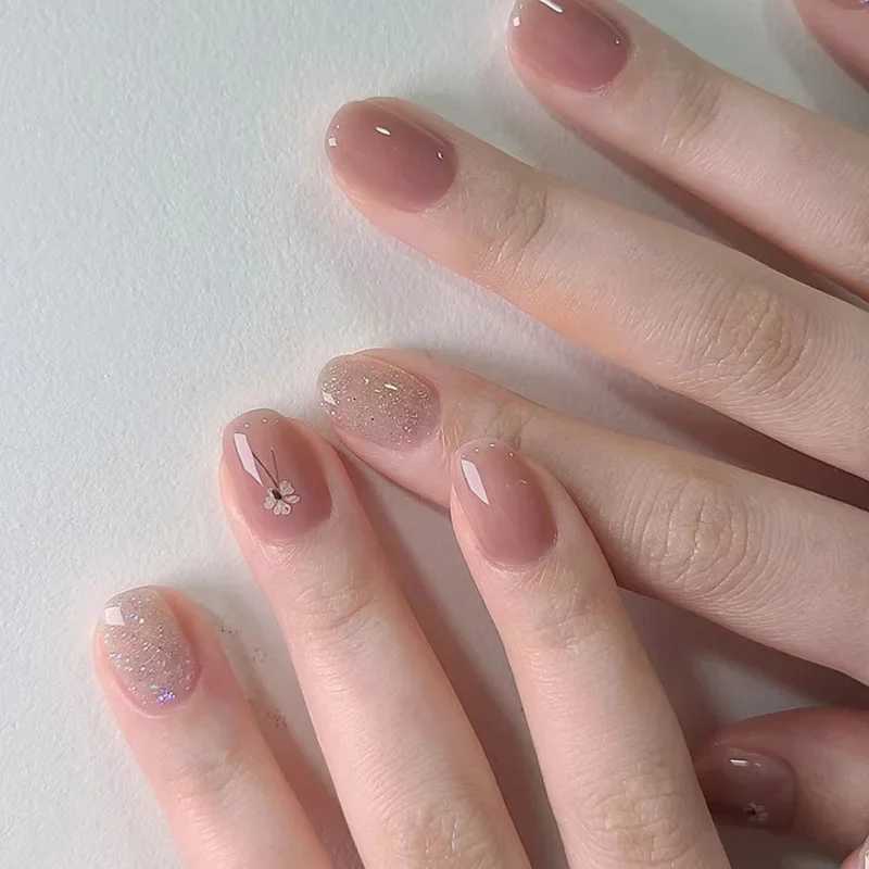 Nude False Nail Shining Gold Ripple Fine Pattern False Nail Removable Oval Full Cover Press Nail Tip Manual W240905