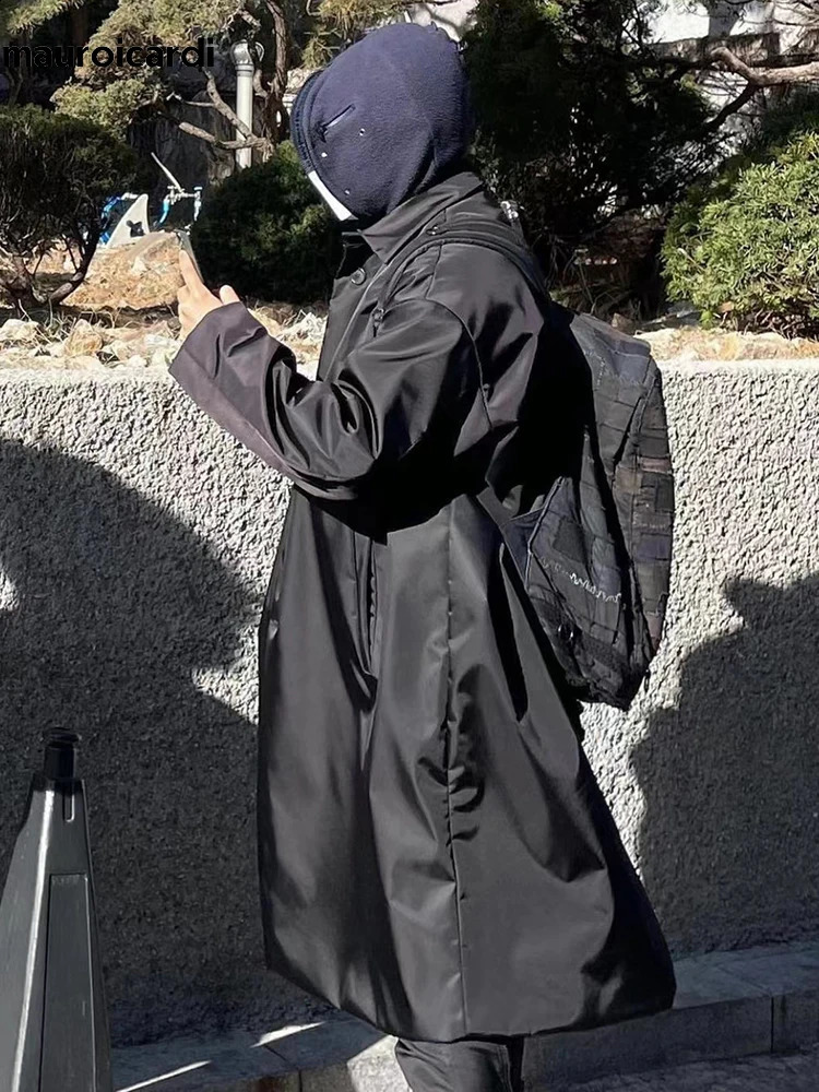 Mauroicardi Spring Autumn Long Cool Oversized Waterproof Black Trench Coats Men with Back Slit Single Breasted Loose Outerwear 240903