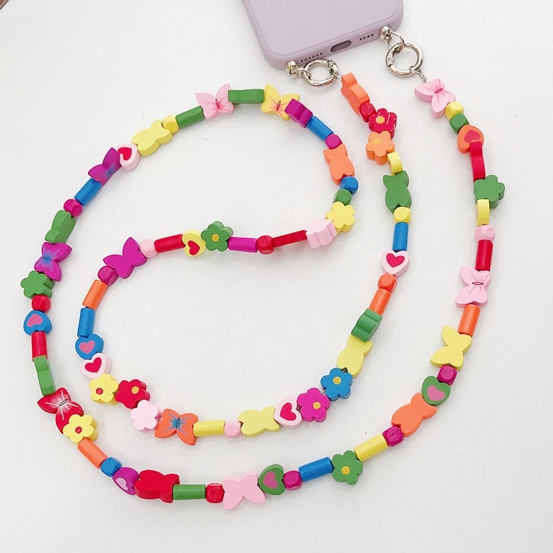 Yilian new colorful wooden bead butterfly diagonal cross phone case hanging chain shoulder strap pendant decoration