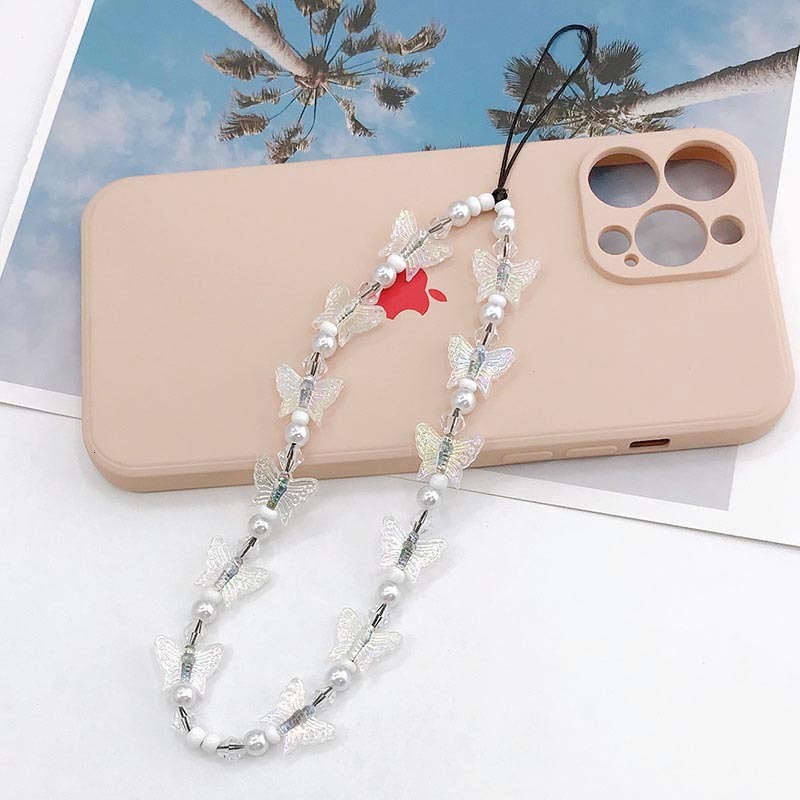 Yilian's new imitation pearl chain, colorful butterfly anti loss key rope, phone case accessories, hanging ornaments, female accessories