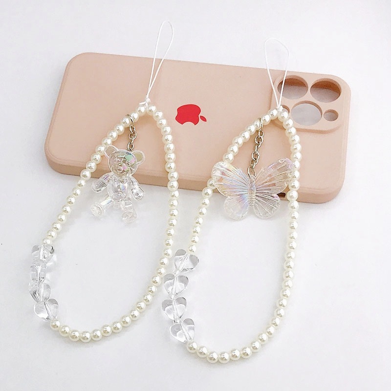 Yilian New Laser Bear Chain AB Butterfly Pearl Hanging Rope Anti fall Wrist Strap Phone Case Pendant