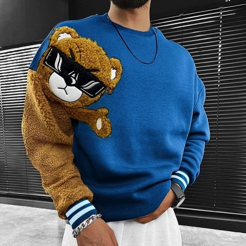 Loose Men's Cartoon Bear Pattern Drop Shoulder Round Neck Sweatshirt