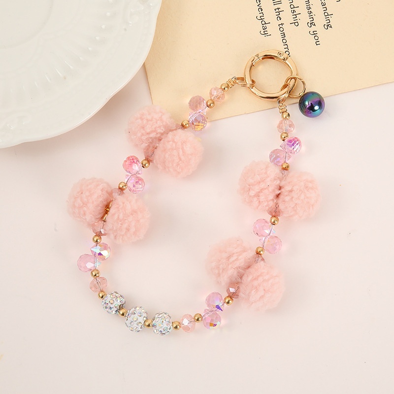New crystal bead keychain pendant for autumn and winter plush mobile phone rope, anti lost bag chain hanging accessories