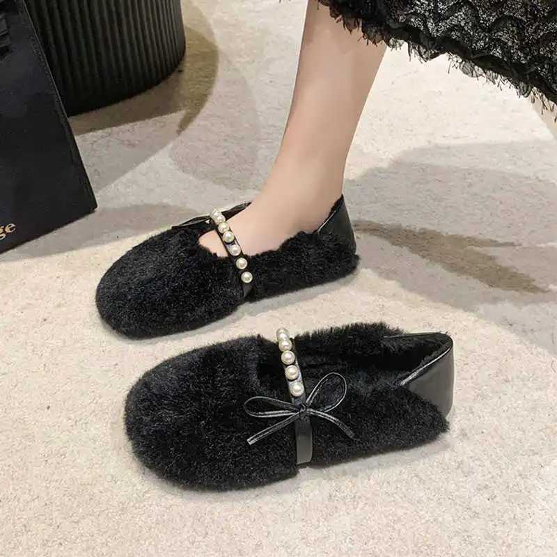 Slippers Bow-Knot Winter Shoes Women Loafers Fur Autumn Round Toe Modis Casual Female Sneakers Slip-on Butterfly Fall New Moccasin 2024 S Y240907L0JK