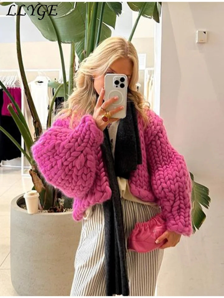 Loose Solid Knitted Cardigan Women Lazy V Neck Long Lantern Sleeves Female Sweater 2024 Autumn Lady Y2k High Street Knitwear 240907
