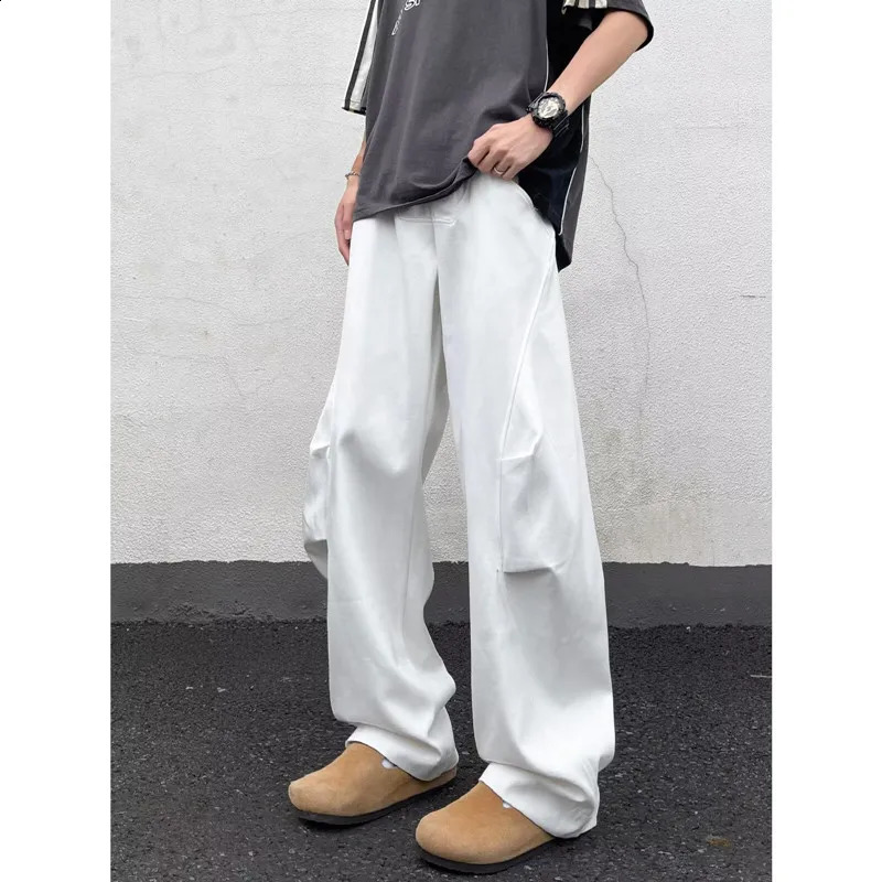 2024 Pantalon Y2K Fashion Pleated White Baggy Jeans Pants For Men Clothes Straight Wide Leg Casual Long Trousers 240826