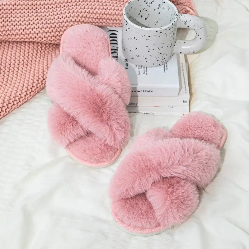 Feslishoet Women Fuzzy Slippers Cross Band Soft Plush Cozy House Shoes Furry Open Toe Indoor Outdoor Slip Warm Anti Skid Sole 240904