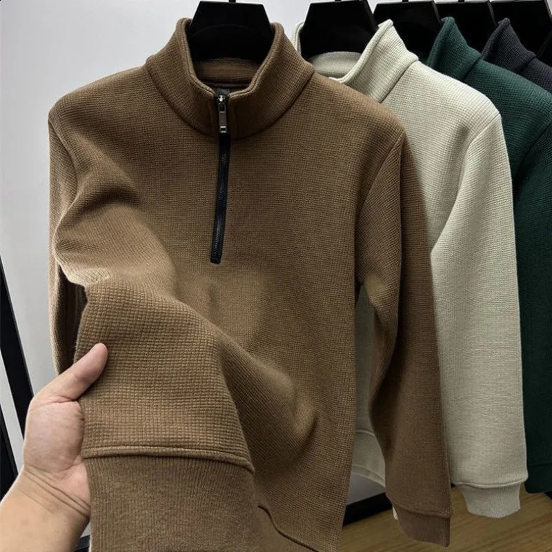Men Clothing Mens Sweatshirt Stand Neck Half Zip Thicker Waffle Cotton Highquality Hoodie Autumn Winter Basic Tops Pullover 24