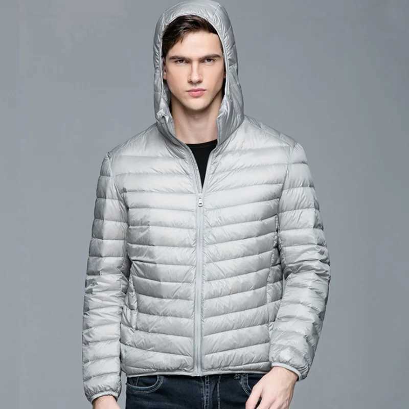Mens fluffy winter coat fashionable hooded duck down jacket ultra light inflatable down jacket portable ultra-thin feather filled park 5XL 6XL W240906