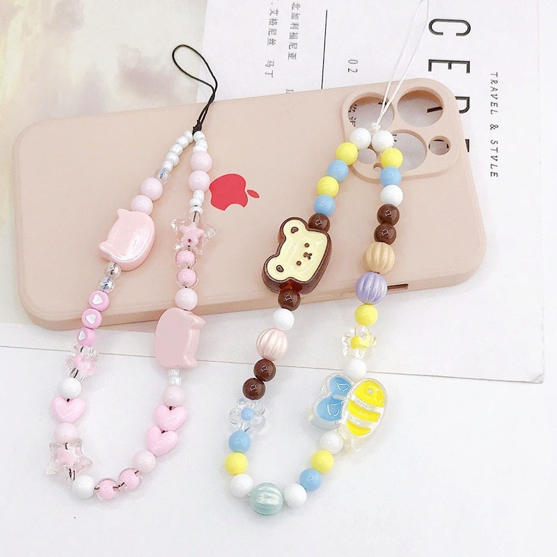 Yi Lian's New Cat Head Chain Beaded Little Bear Strap Short Anti Drop Phone Case Handrope Hanging Accessories