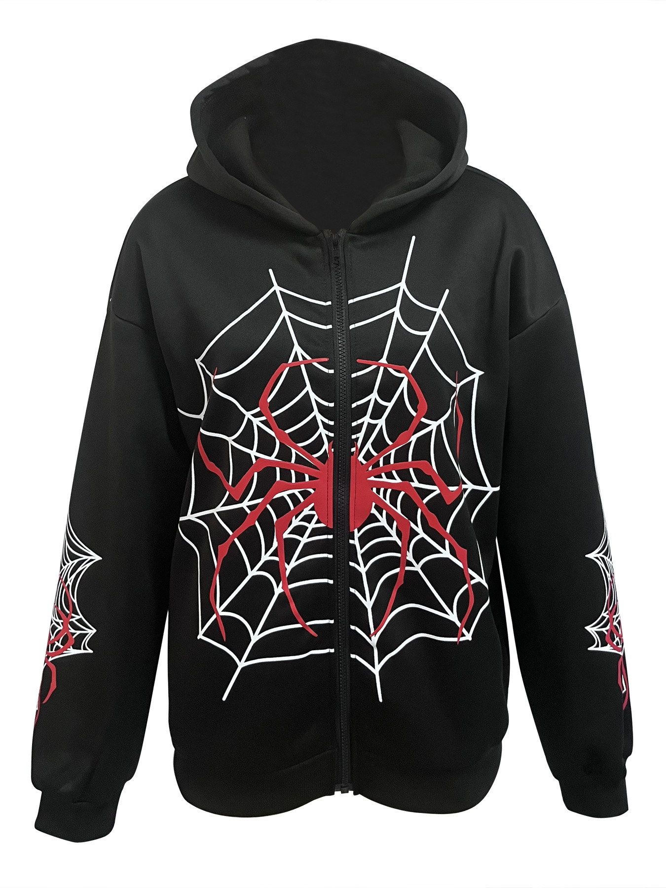 EZwear Plus Spider Web Print Zip Up Drop Shoulder Hoodie Loose Y2K Casual hooded
