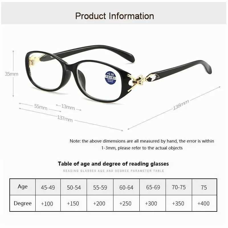 Womens Fox anti blue reading glasses Womens Fashion Presbyterian glasses Computer prescription glasses+1.0~+4.0 W240907