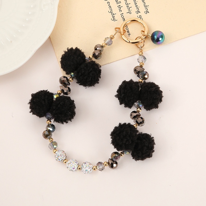 New crystal bead keychain pendant for autumn and winter plush mobile phone rope, anti lost bag chain hanging accessories