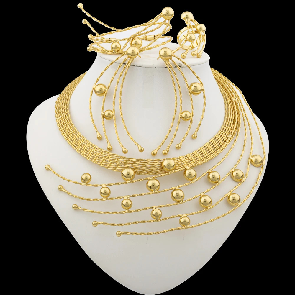 Gold Plated Jewelry Set Peacock Weddings Bridal Necklace and Earrings with Bnagle Ring Italian Gold Color Jewelry 240906
