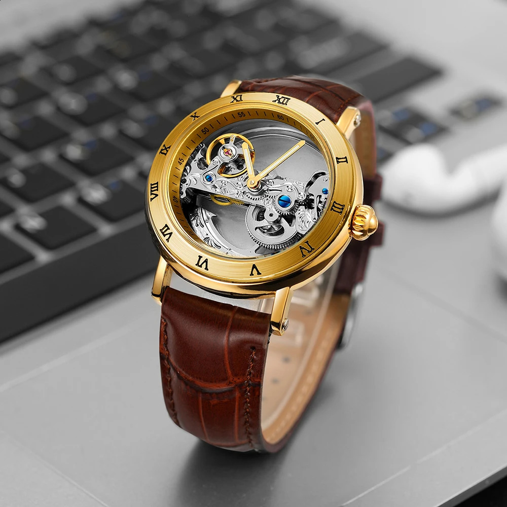 Vintage Mechanical Watches Golden Bridge Skeleton Automatic Mens Watch Genuine Leather Belt Carved Movement Luminous Hand 240906