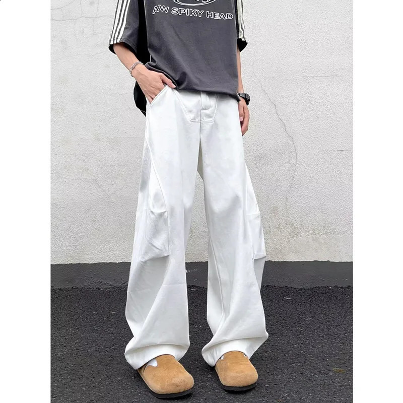 2024 Pantalon Y2K Fashion Pleated White Baggy Jeans Pants For Men Clothes Straight Wide Leg Casual Long Trousers 240826