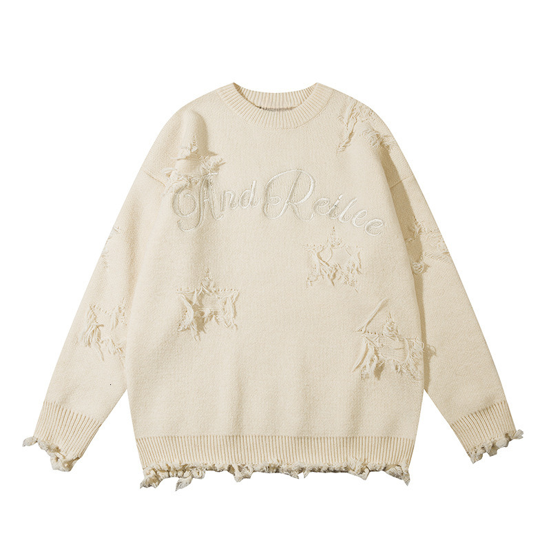 Unisex Letter Embroidered Star Distressed Fringe Hem Loose Casual Long Sleeve Knit Sweater