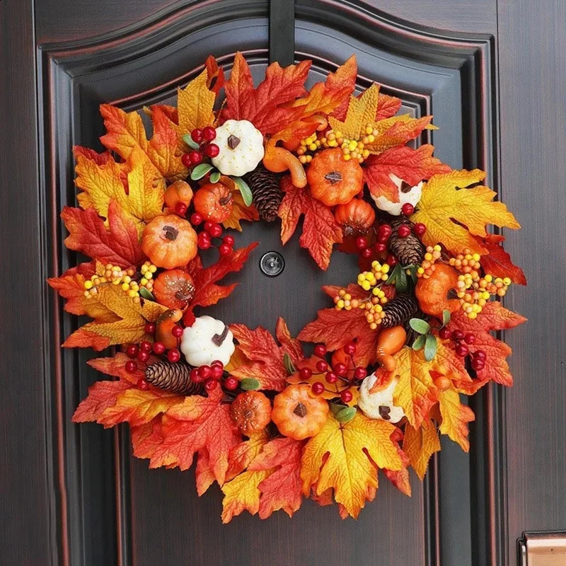 Okra farmhouse garden autumn pumpkin harvest front door wall hanging Christmas wreath home decoration 240929