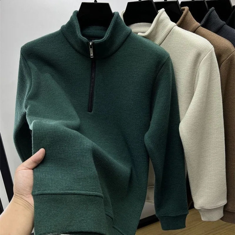 Men Clothing Mens Sweatshirt Stand Neck Half Zip Thicker Waffle Cotton Highquality Hoodie Autumn Winter Basic Tops Pullover 24