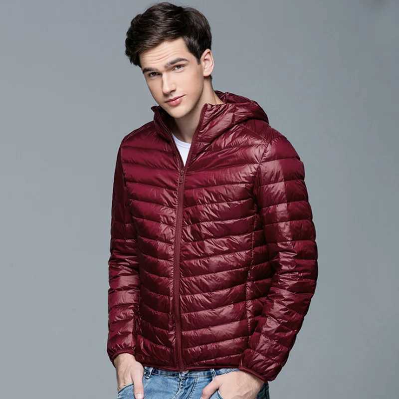 Mens fluffy winter coat fashionable hooded duck down jacket ultra light inflatable down jacket portable ultra-thin feather filled park 5XL 6XL W240906