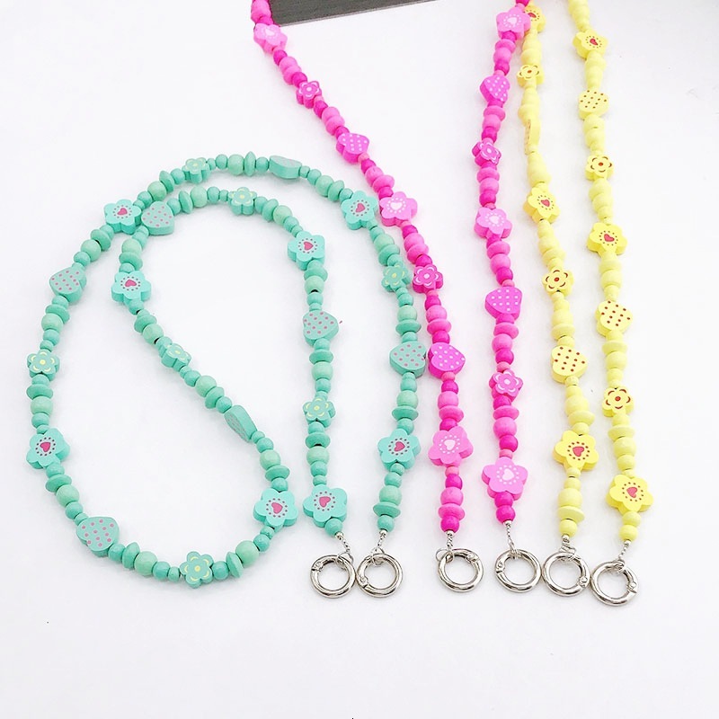 Yilian new wooden flower chain bead love hanging anti fall rope phone case pendant for women
