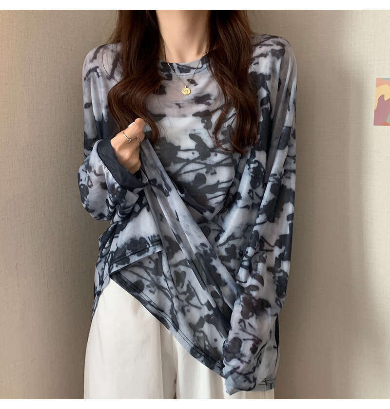 Mesh Sunscreen Clothing Summer New Leisure and Casual Printing Pullover Long sleeved Womens T-shirt Top Perspective