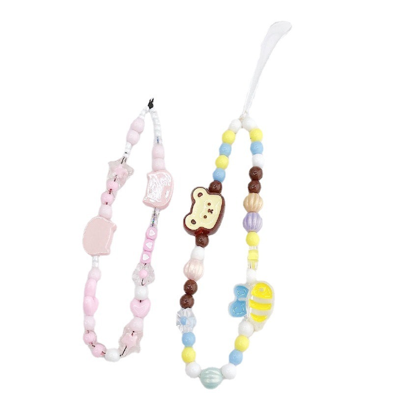 Yi Lian's New Cat Head Chain Beaded Little Bear Strap Short Anti Drop Phone Case Handrope Hanging Accessories