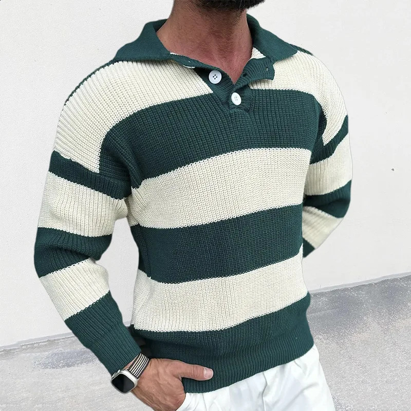 Mens Fashion Striped Button Polo Collar Long Sleeve Pullover Knitted Sweater Mens Casual Slim Fit Sweater Top 240906