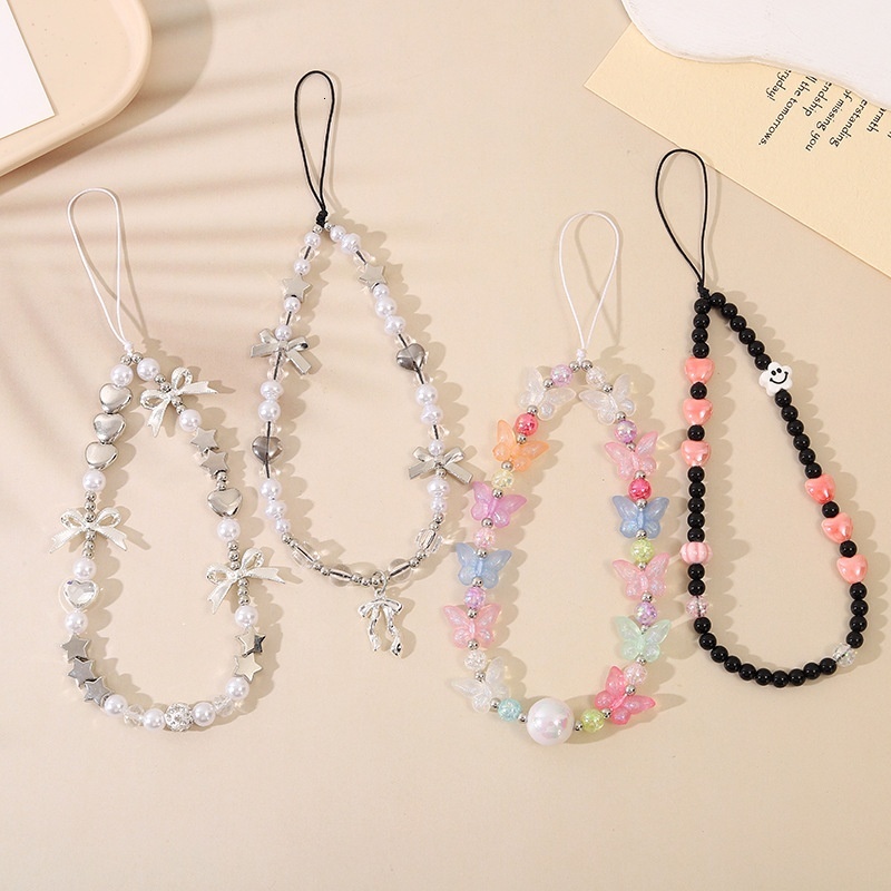 Creative new chain bead mixed pearl bow mobile lanyard phone case keychain pendant