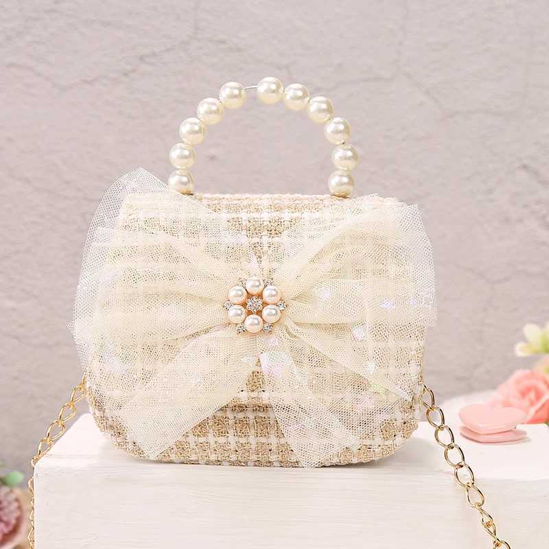 Childrens Linen Wallet and Handbag Cute Girl Princess Mini Cross Body Bag Bow Baby Party Pearl Handbag W240906