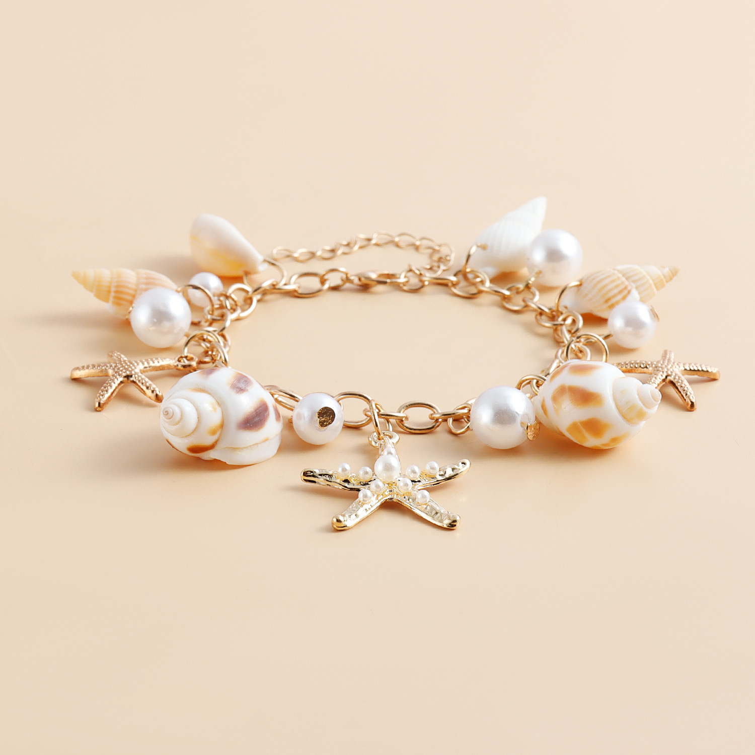 Fashion Beach Charm Bracelets Starfish Sea Shell Pearl Bracelet Gold Plated Zinc Alloy Chain Link Jewelry Party Birthday Travel Gifts Novelty