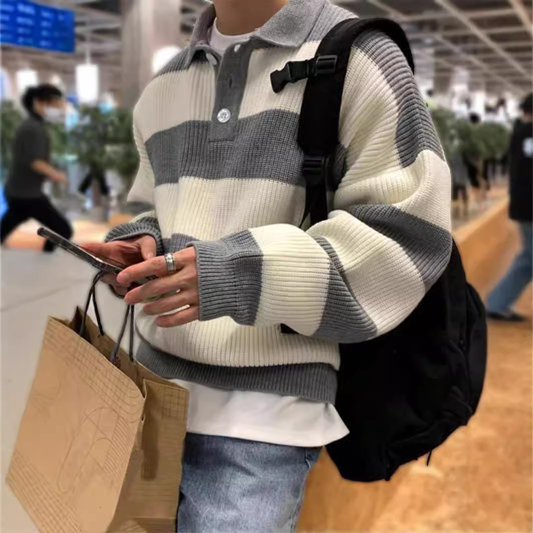 Casual Contrast Color Loose Knit Pullover Sweater For Teenage Boys, Suitable For Fall, Winter, Warm, Casual, School, Home, Daily Wear, Sports, Simple 