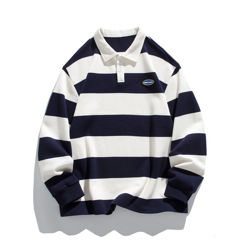 Men Striped Print Letter Patched Polo Neck Sweatshirt