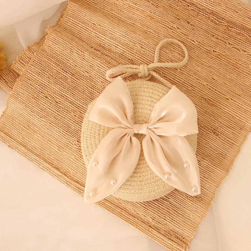 3-Color Preschool Girl Straw Cross Bag Cute Pearl Bow Round Shoulder Bag Mini Coin Wallet W240906