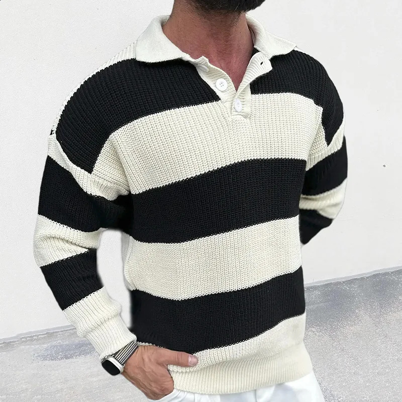 Mens Fashion Striped Button Polo Collar Long Sleeve Pullover Knitted Sweater Mens Casual Slim Fit Sweater Top 240906
