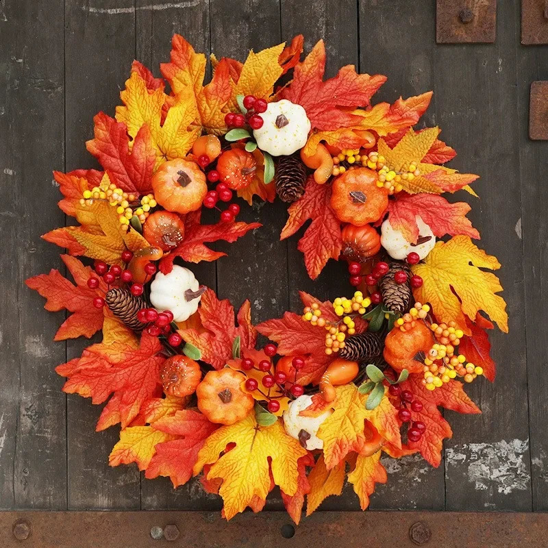 Okra farmhouse garden autumn pumpkin harvest front door wall hanging Christmas wreath home decoration 240929