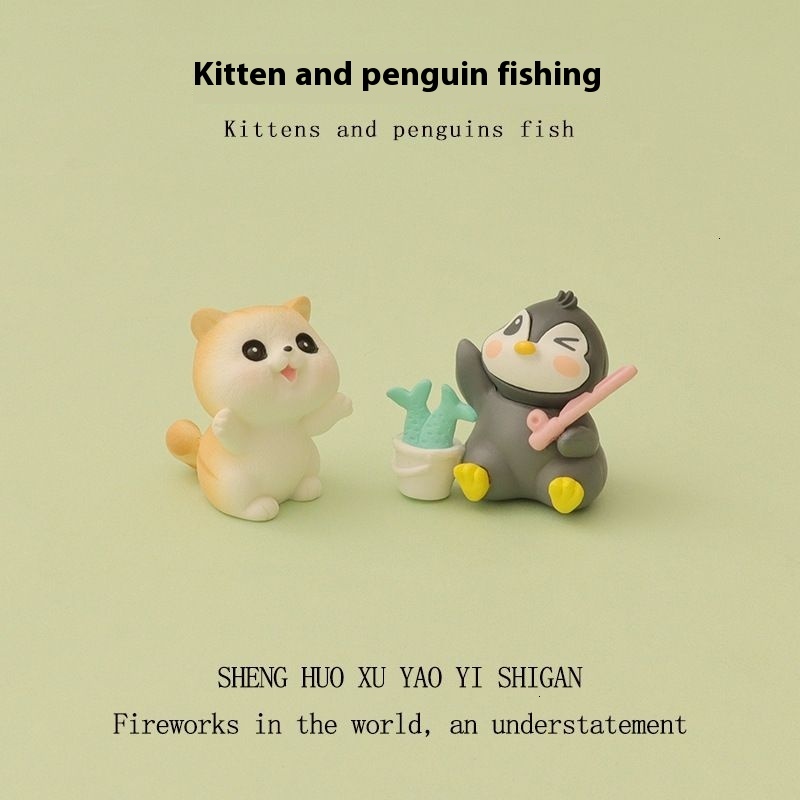 New Creative Cute Ins Kitten Penguin Fishing Micro Landscape Gardening DIY Home Decoration Desktop Ornament