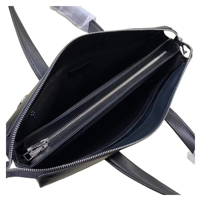 Leather mens fashionable and personalized portable briefcase business pendant large capacity black zipper computer shoulder strap 240906