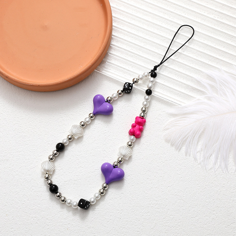 Sweet and cool style bow bead mobile chain, colorful mixed color phone case, anti drop pendant, wrist strap hanging accessory