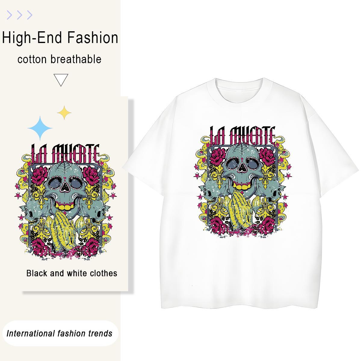 New Womens T Shirts 230g 100% Cotton Breathable Daily Outfit flower Couples T Shirts Nice Cartoon Print Tops