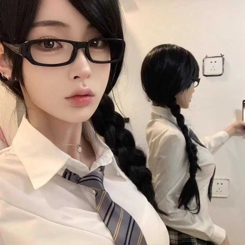 2024 Kroean Harajuku Square Eyeframe Womens Fashion Plain Anti Blue Glasses Role Playing Decorative Glasses y2k Retro Glasses W240906