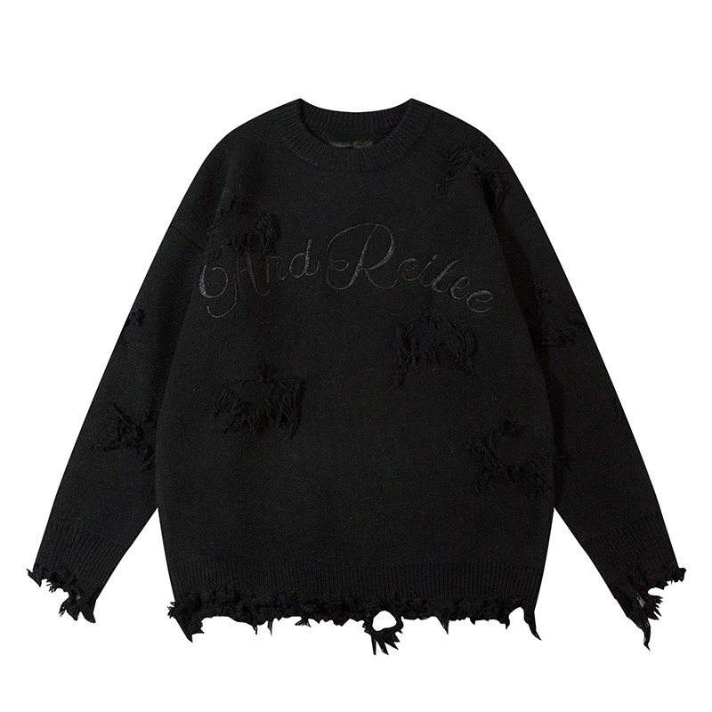 Unisex Letter Embroidered Star Distressed Fringe Hem Loose Casual Long Sleeve Knit Sweater